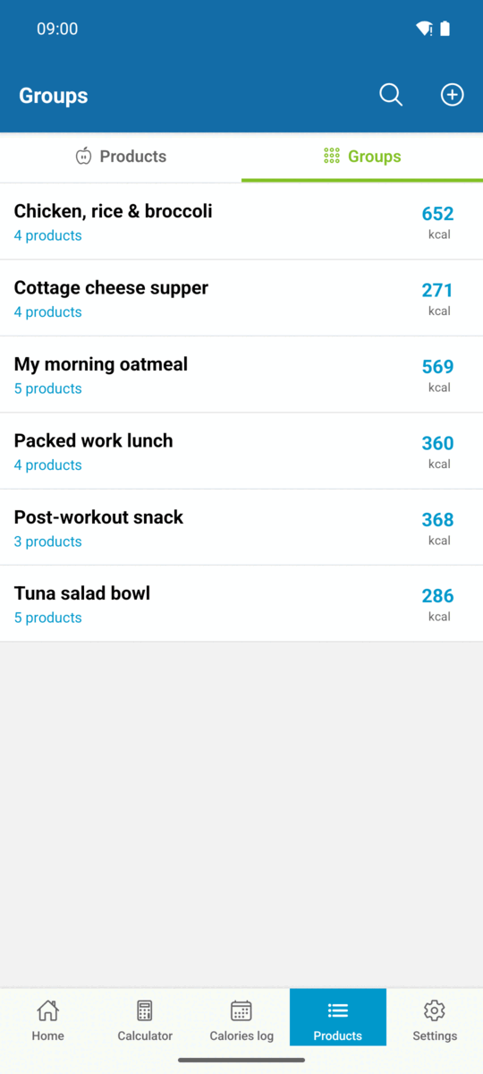 Saved product groups, each showing the meal name and its calories
