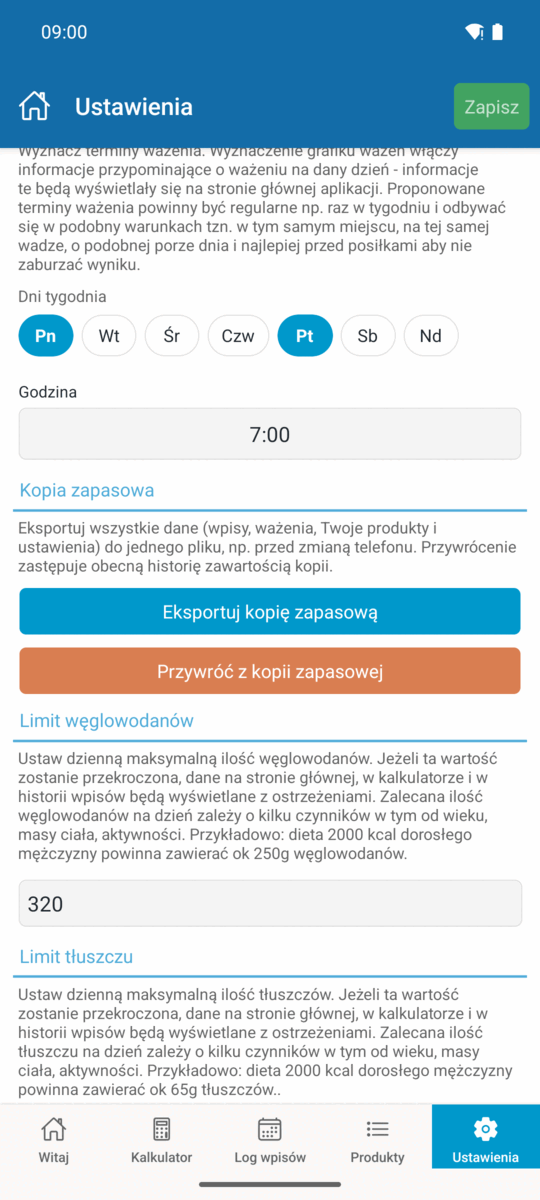 Ustawienia przypomnień z dniami tygodnia i godziną oraz przyciskami kopii zapasowej